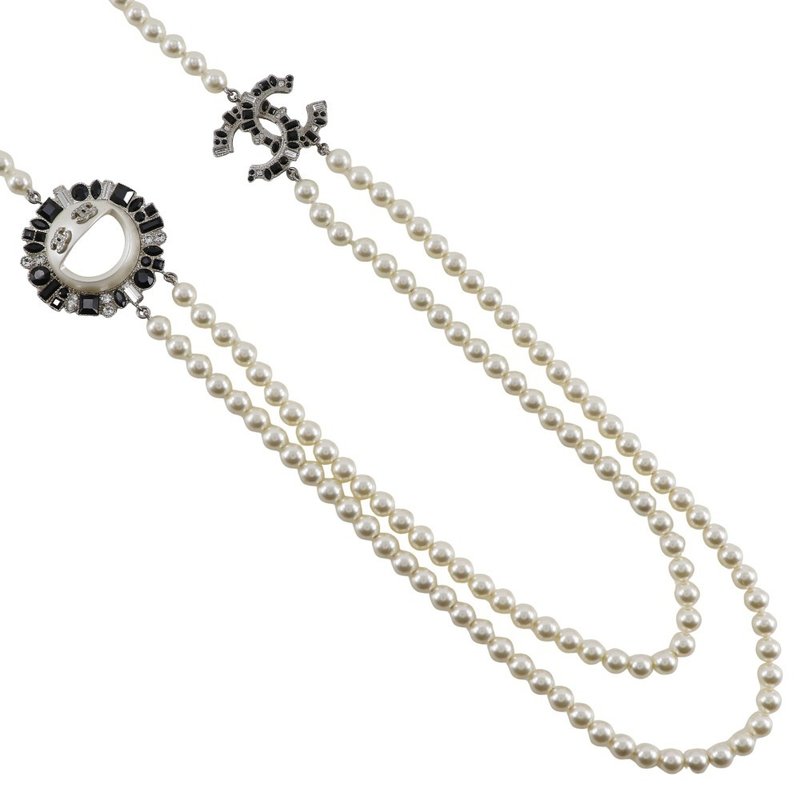 【日本直送】シャネル CHANEL スマイル ネックレス ココマーク B16 フェイクパール×ラインストーン ブラック 約167g ユニセックス【中古】 - 項鍊 - 水晶 白色