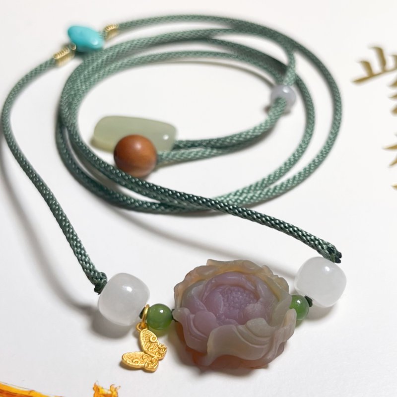 錦覓  天然鹽源瑪瑙雕刻 和田玉松石老山檀翡翠銀鍍金配飾 - 項鍊 - 玉石 