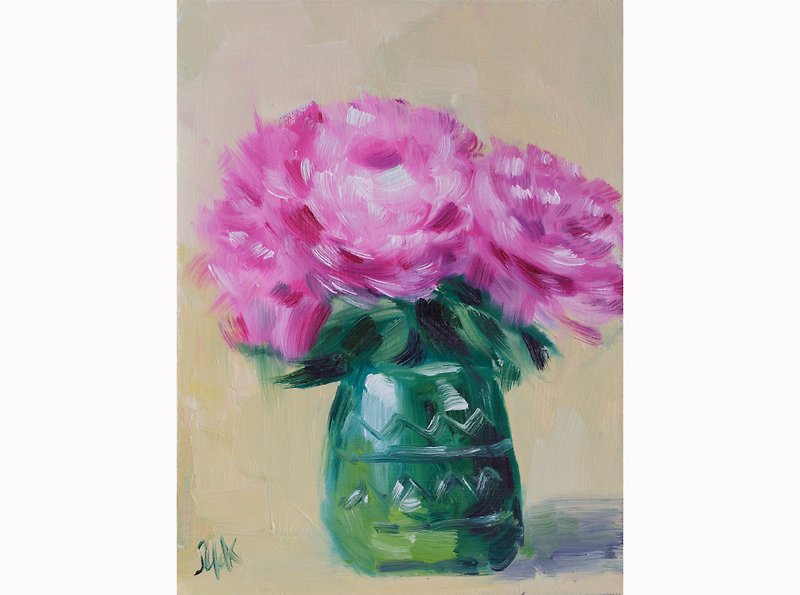 Peony Painting Abstract Flowers in Vase Original Wall Art Floral Oil Painting - Wall Décor - Other Materials Pink