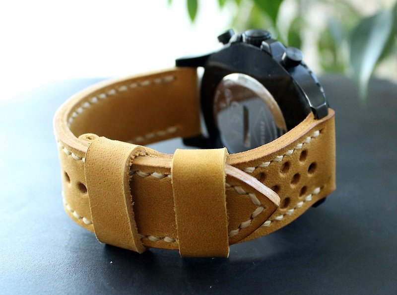 Real Leather Watch Band, Yellow Men's Leather Watch Strap perforated band - สายนาฬิกา - หนังแท้ สีเหลือง