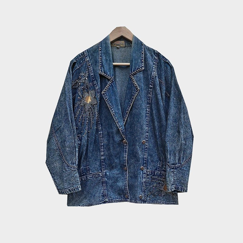 Vintage cardigan denim jacket A06 - เสื้อแจ็คเก็ต - ผ้าฝ้าย/ผ้าลินิน สีน้ำเงิน