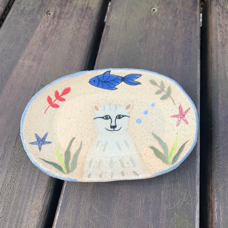A Lu cat pottery plate/decoration/gift/hand-painted/US imported sand pottery is the only one - ของวางตกแต่ง - ดินเผา หลากหลายสี