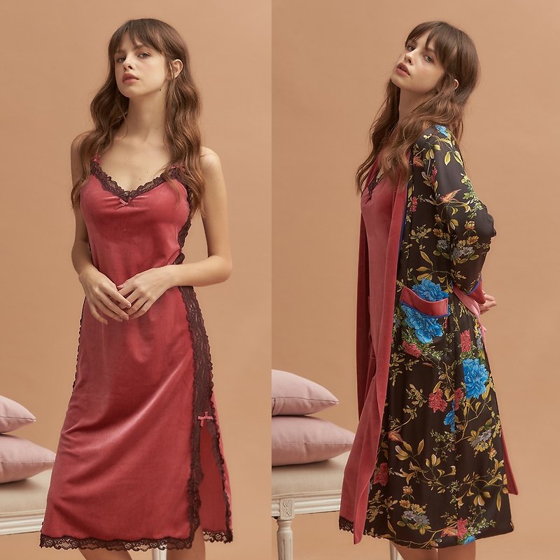 [Two-piece group - dress + robe] no steel ring pajamas [exclusive 2in1] gorgeous Christmas - peach - Loungewear & Sleepwear - Polyester Red