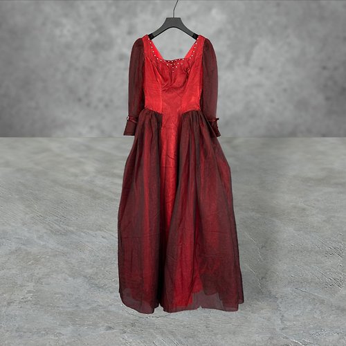 蘿綺莉蕾芭索 暗紅 薄紗 光澤 拼接 鑽飾 手工訂製 禮服 長袖 洋裝 PMF19