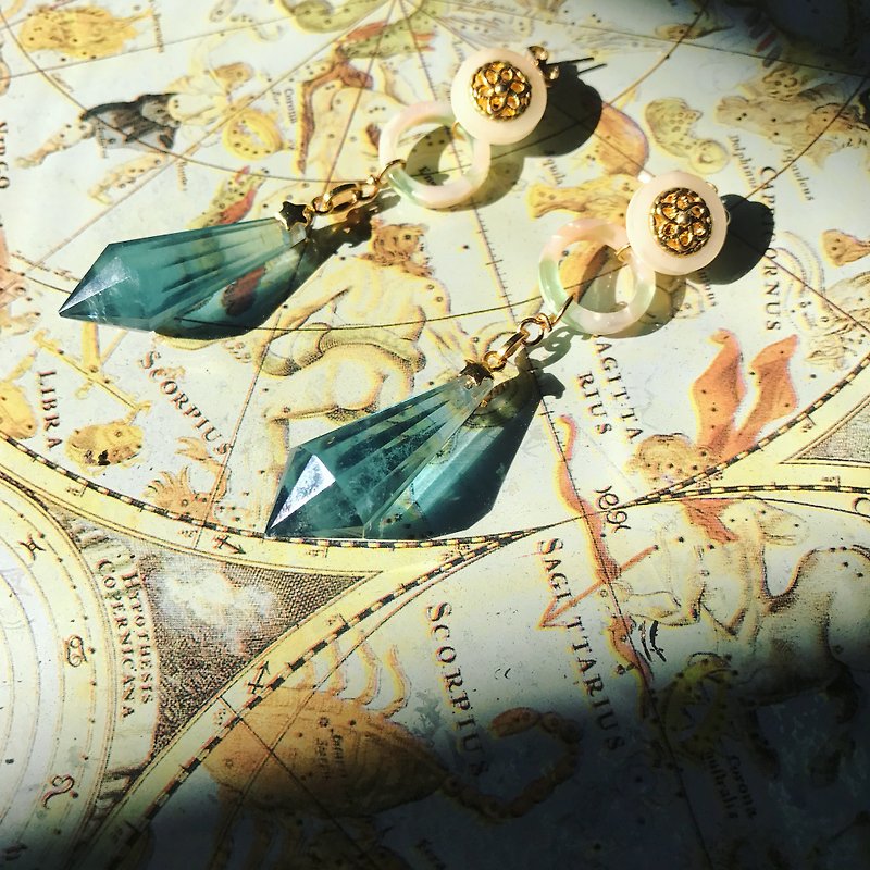 【Lost And Find】vintage style Mini size Natural fluorite earring - Earrings & Clip-ons - Gemstone Green