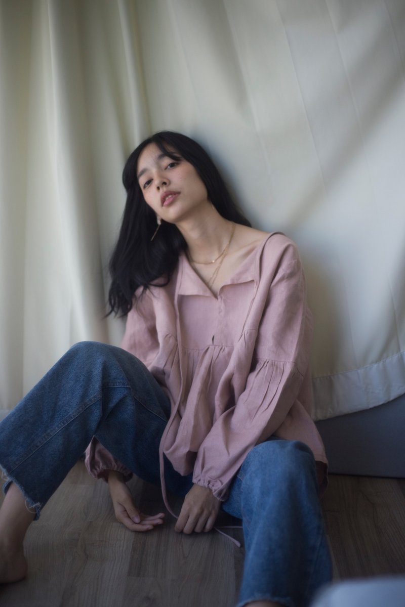 Linen long puffy sleeve blouse in Dusty Pink - 女上衣/長袖上衣 - 棉．麻 粉紅色