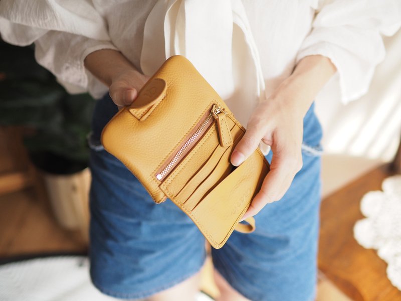 Mary (Mustard) : Mini wallet, short wallet, cow leather, yellow, Zip pouch - Wallets - Genuine Leather Yellow