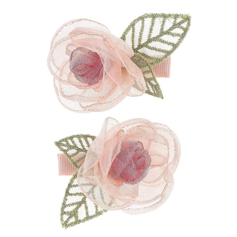 Dutch Souza pink gauze rose green leaf hairpin set of 2 - Hair Accessories - Nylon Pink