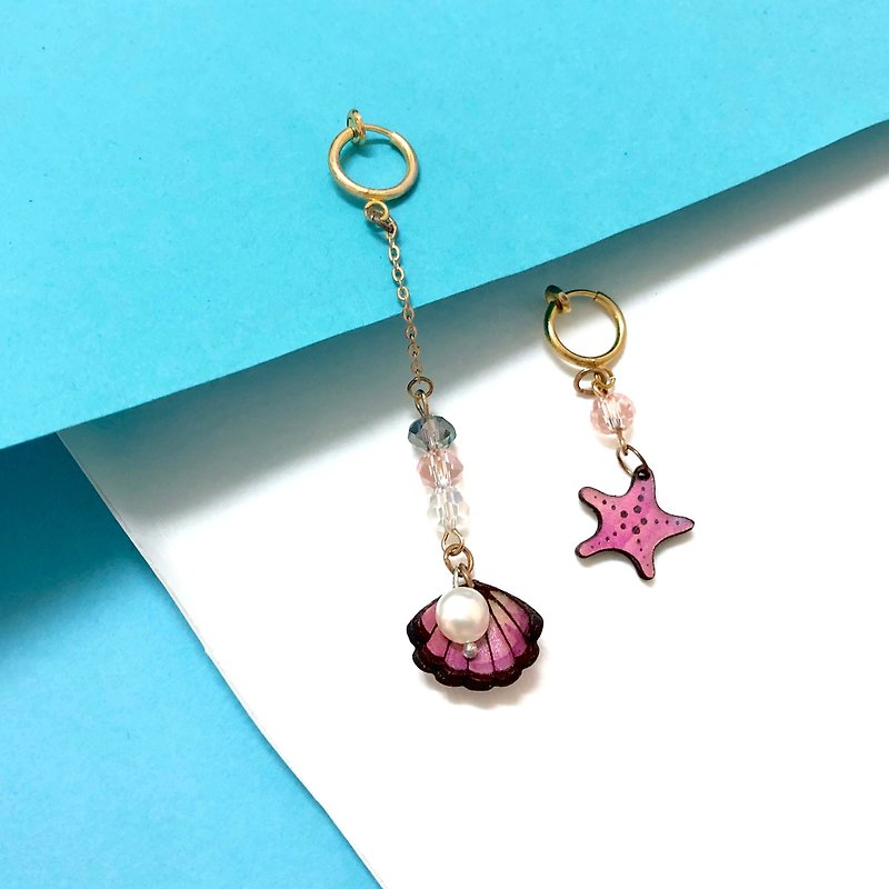 | Leather gadgets | Dream Ocean Series | Pink starfish shell pearl earrings Clip-On |