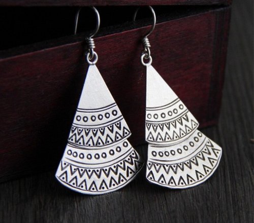 garyjewelry Real S925 Black Thai Silver Bohemia Design Triangles Tassel Earrings Women