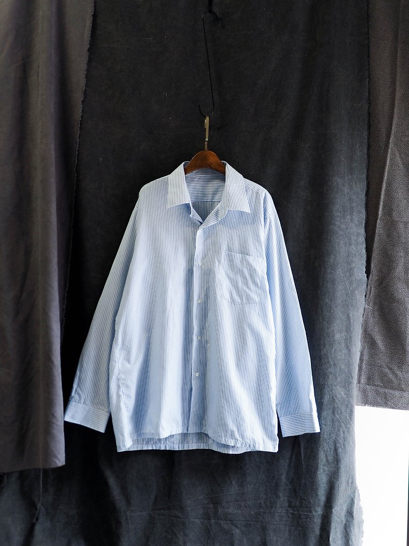 Nagasaki Youth Sea Blue Thin Line Surfing Day Zha Antique Cotton Shirt Top Jacket Vintage - Women's Shirts - Cotton & Hemp Blue