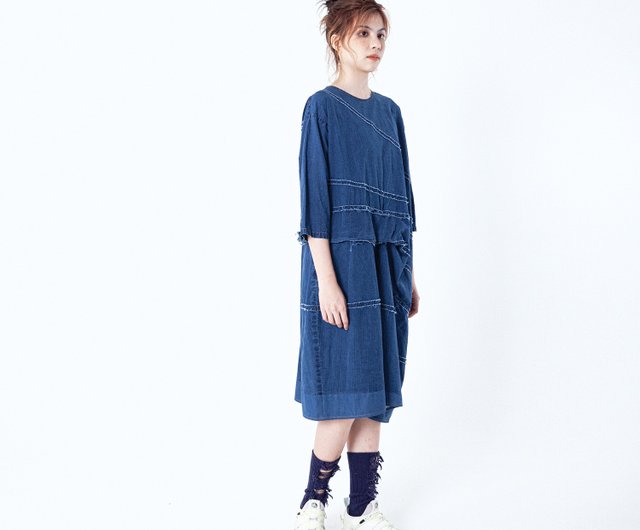 Flowing Irregular Pleated Three quarter Sleeve Dress Shop And by