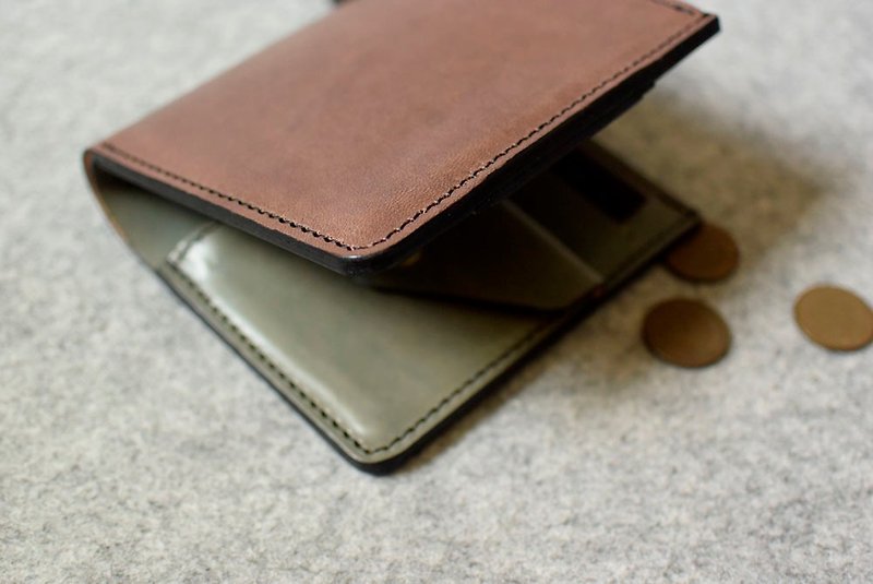 YOURS leather straight V short clip (with coin pocket inside) dark wood leather + green leather - Wallets - Genuine Leather 