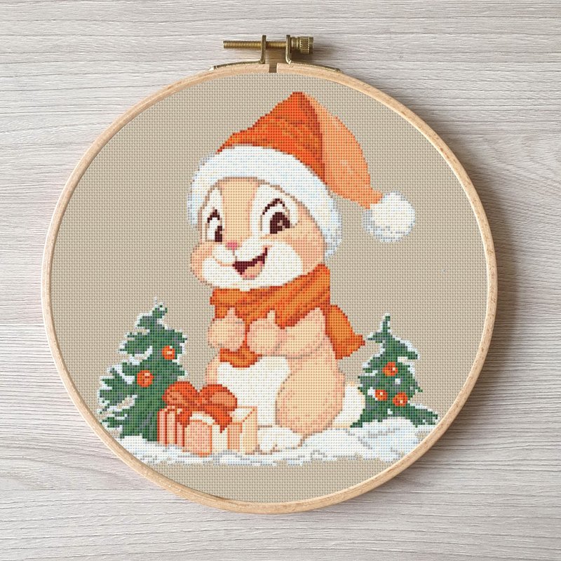 Christmas bunny cross stitch pattern pdf, Rabbit embroidery DIY - 其他數位設計 - 其他材質 