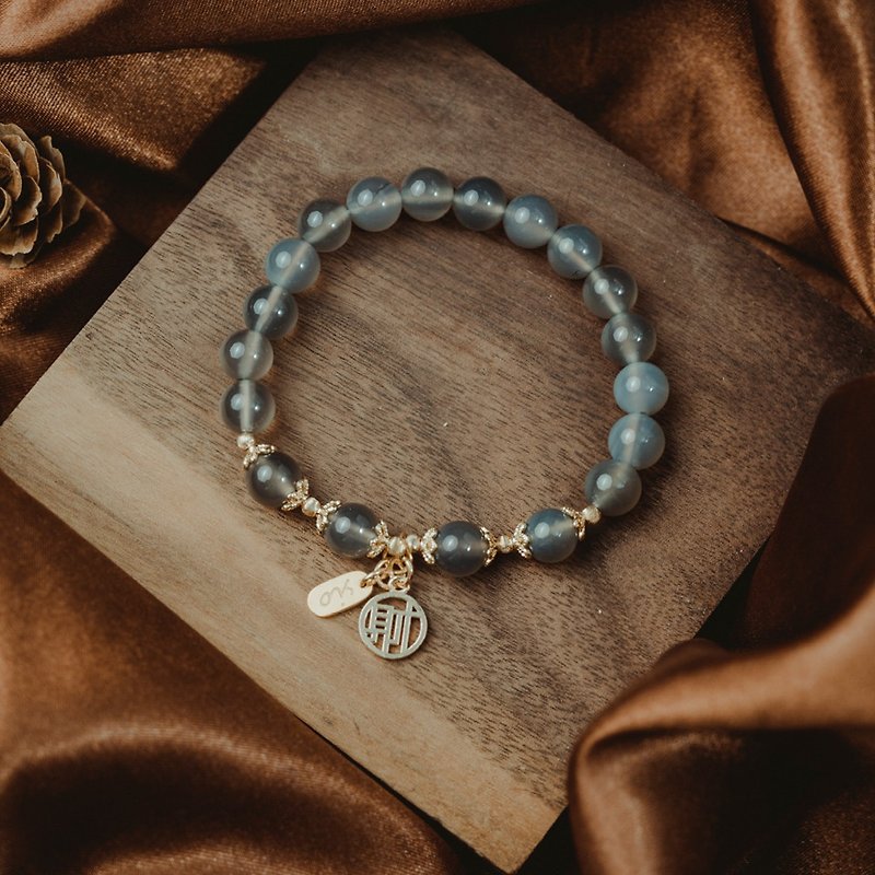[Pearl] Wealth and wealth - gray agate bracelet with Chinese characters - สร้อยข้อมือ - เครื่องเพชรพลอย สีเทา