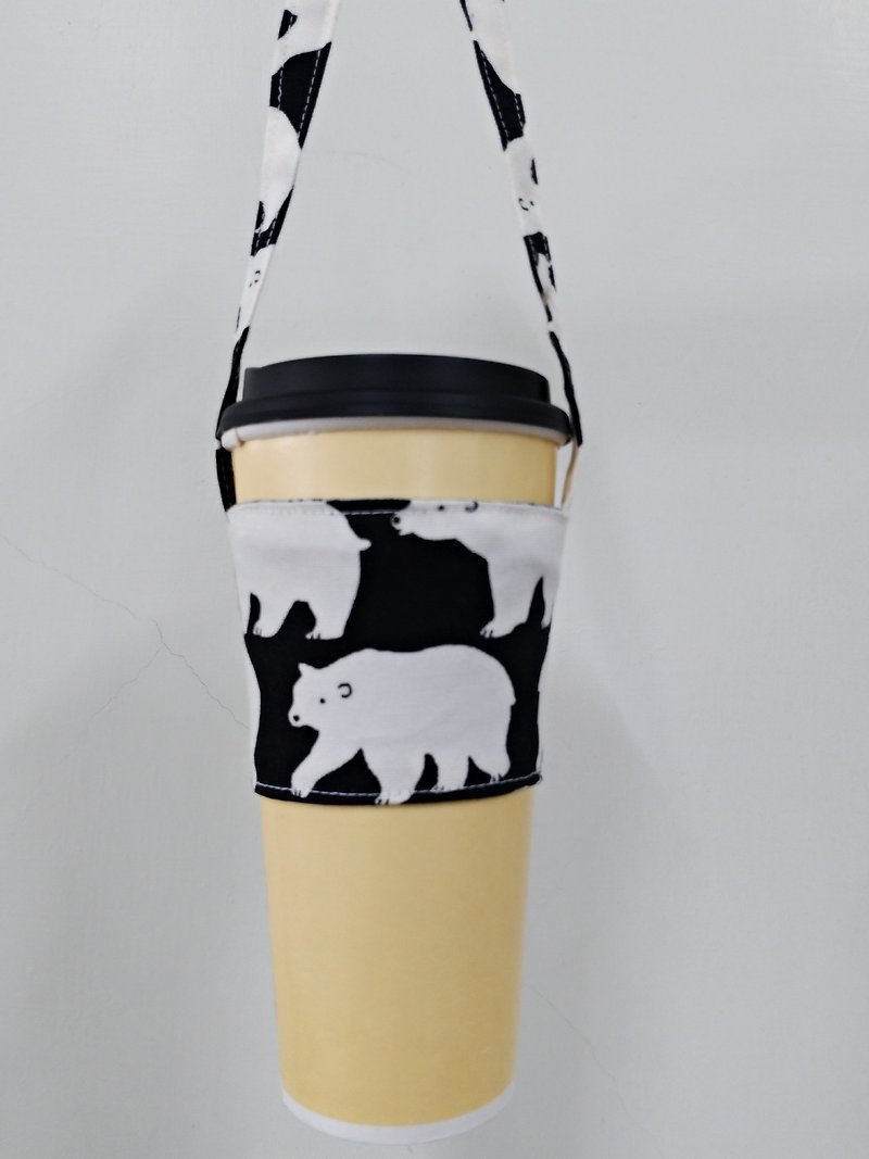 Drink Cup Set Eco Cup Set Hand Drink Bag Coffee Bag Tote Bag - Polar Bear (Black) - Beverage Holders & Bags - Cotton & Hemp 