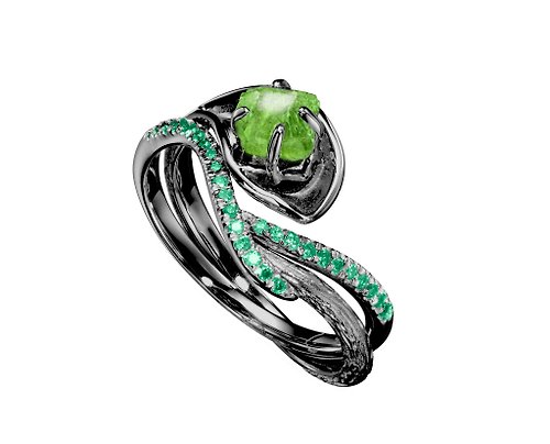 Majade Jewelry Design 橄欖石14k祖母綠馬蹄蓮結婚戒指組合 海芋花原石密鑲求婚戒指套裝