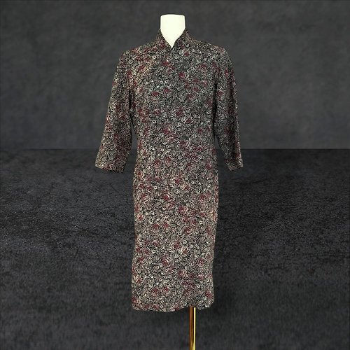 蘿綺莉蕾芭索 二手 黑灰棕紅配色 織紋 微厚 古董訂製 七分袖 長袖 旗袍 PF721
