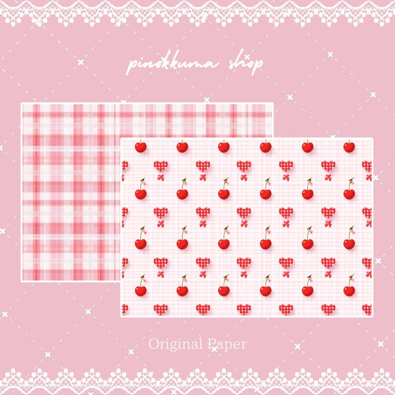 pinokkumashop  オリジナルデザインペーパー デザインペーパー 両面印刷 平袋 コラージュ素材 - 貼紙 - 紙 粉紅色