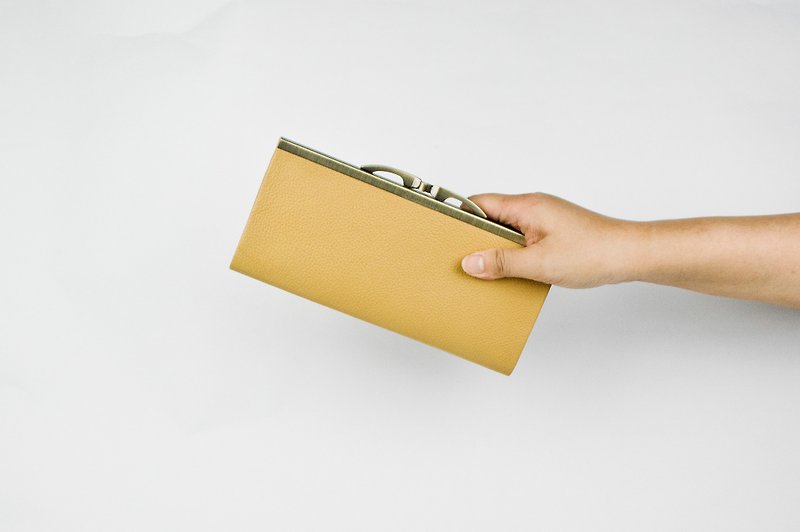 Leather Wallet, Kisslock Frame Purse, Long Wallet,Litchi pattern yellow - กระเป๋าสตางค์ - หนังแท้ สีเหลือง
