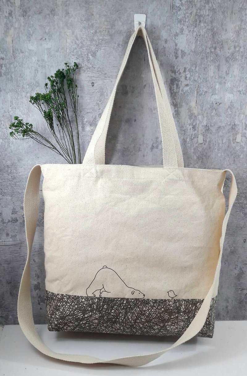 Dual-use canvas bag hand-painted style-daze bear - กระเป๋าแมสเซนเจอร์ - ผ้าฝ้าย/ผ้าลินิน สีเงิน