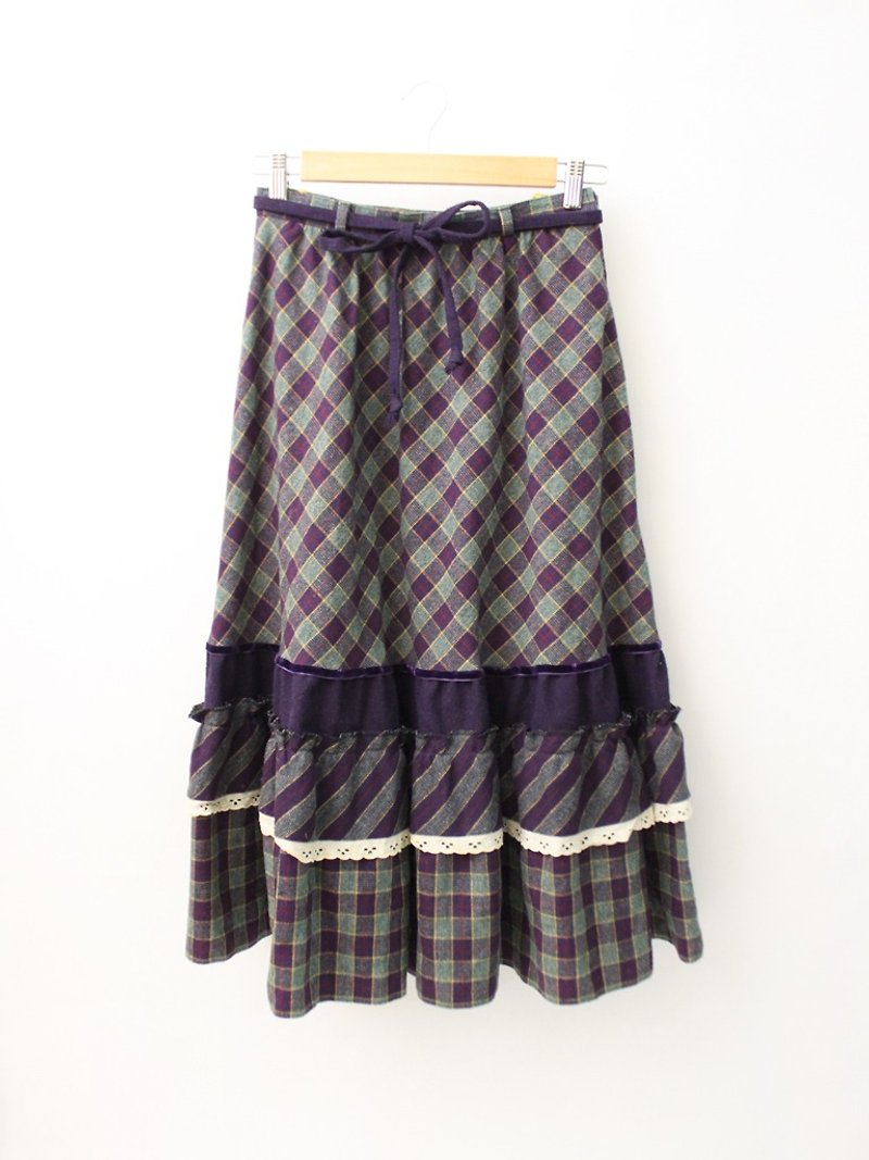 ヴィンテージヨーロッパの牧歌的なスタイルかわいい紫色の格子縞のウールヴィンテージドレスヨーロッパのビンテージスカート - スカート - ウール パープル