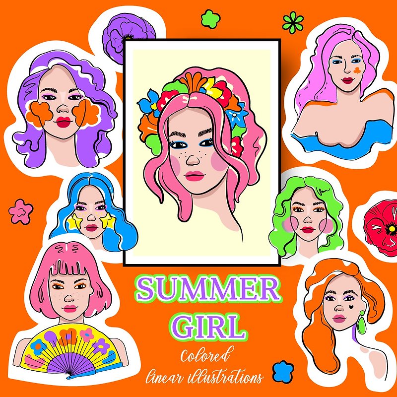 Summer girls with bright hair clipart - Summer elements - Coloured women SVG - Digital Portraits, Paintings & Illustrations - Other Materials Red