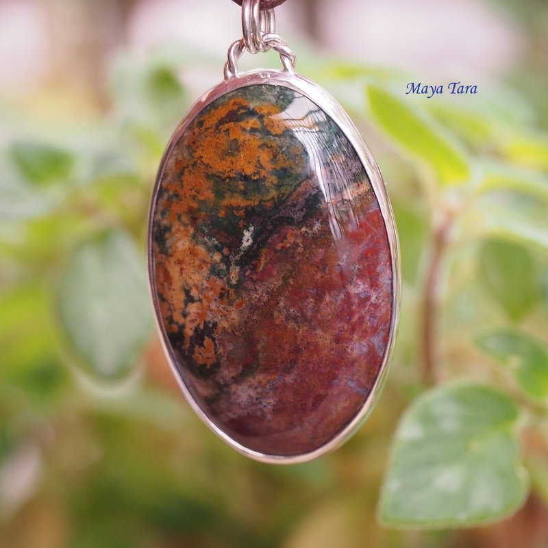 大顆 苔蘚瑪瑙 庭園水晶 艷色系 手工純銀墜子 Large moss agate - 長項鍊 - 水晶 紅色