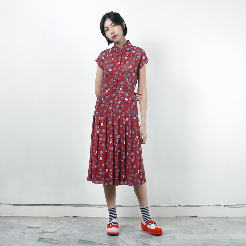 【蛋植物古着】嫣紅花卉印花古著洋裝 - 洋裝/連身裙 - 聚酯纖維 紅色