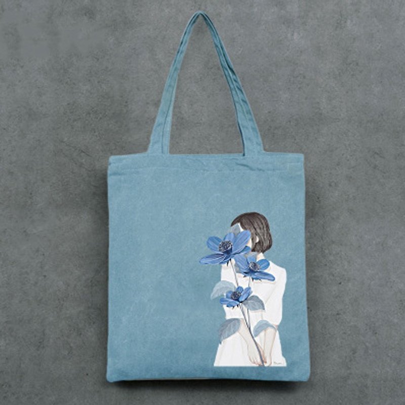 Simple zipper cotton canvas tote bags shoulder bags 013 theatrical cloth book - Messenger Bags & Sling Bags - Other Materials Blue
