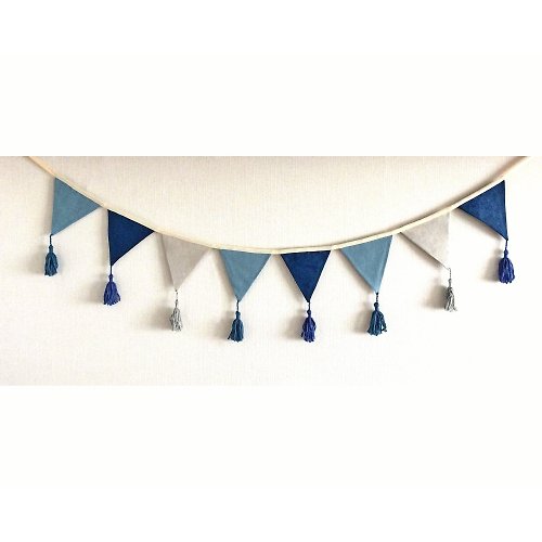 Anelle Toys Gray Blue Fabric Bunting Banner, Fabric Bunting Flags with Tassels