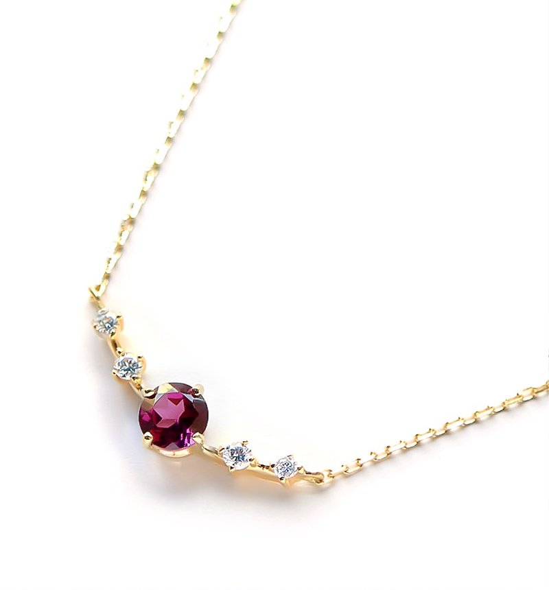 K18 Rhodolite Garnet & Diamond Necklace (Round Cut) ~Ello Lily~ January Birthstone - สร้อยคอ - เครื่องเพชรพลอย สีแดง