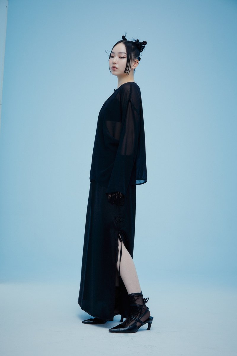 Black Silk Long Skirt - กระโปรง - ผ้าไหม สีดำ