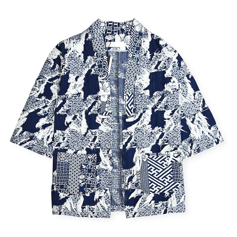 DYCTEAM x BLUE MONDAY - DENIM NORAGI | Five-point sleeves Japanese tanzoku kimono blouse | L - จัมพ์สูท - วัสดุอื่นๆ สีน้ำเงิน