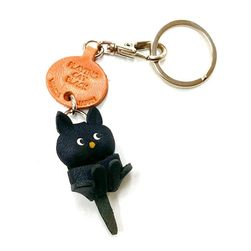 ぶらぶら　黒猫　本革キーホルダー　手作り日本製　VANCA - 鑰匙圈/鑰匙包 - 真皮 黑色