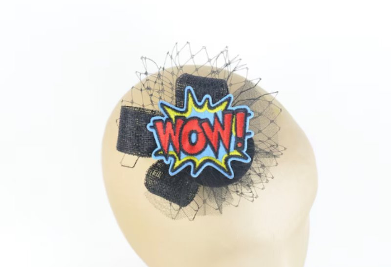 Headpiece Hair Clip Comics Wow! with Veil Mini Fascinator Geek Nerd Chic Fun - 髮夾/髮圈 - 其他材質 黑色