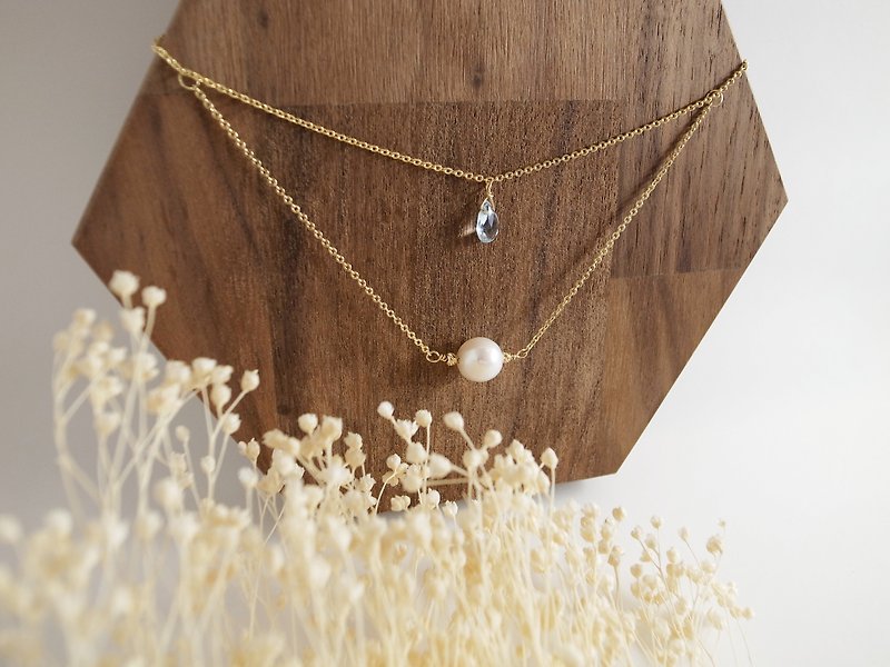【Necklace】Double Necklace Natural Pearl Sky Blue Stone