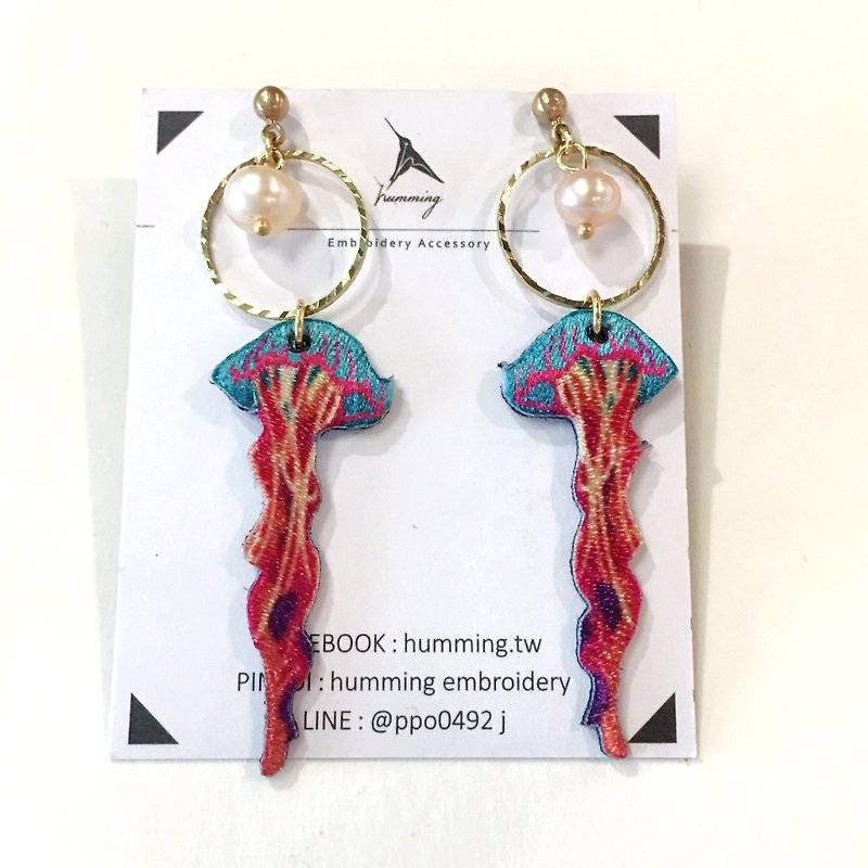 humming earrings - blue jellyfish (can change ear clip) - ต่างหู - งานปัก 