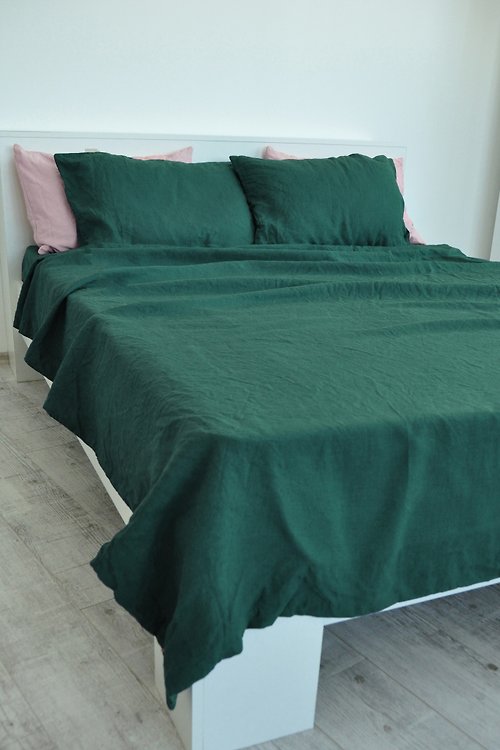 True Things Forest green linen sheet set / Flat+fitted sheet+2 pillowcases/Green bedding