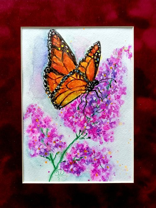 Nikkolina-Art Original Watercolor Painting Monarch Butterfly -Handmade Small Artwork Framed