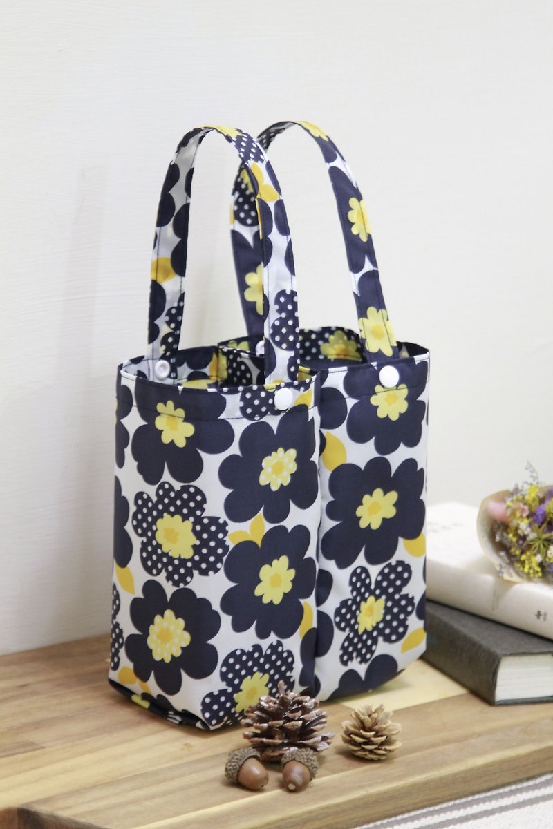 【Gi LAI】環保雙杯手提袋/情侶飲料袋－普普風亮麗花朵-藍 - 手提包/手提袋 - 防水材質 藍色