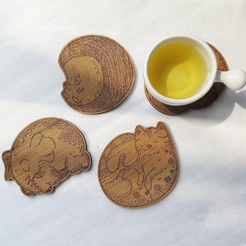 Wooden coasters animal collection set - 杯墊 - 木頭 咖啡色