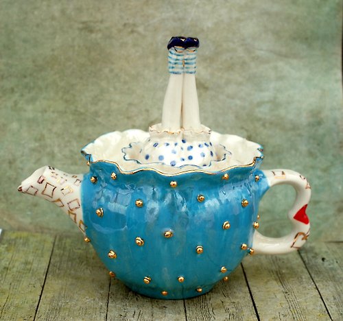 PorcelainShoppe Alice teapot Turquoise porcelain sculpture teapot Whimsical figurine