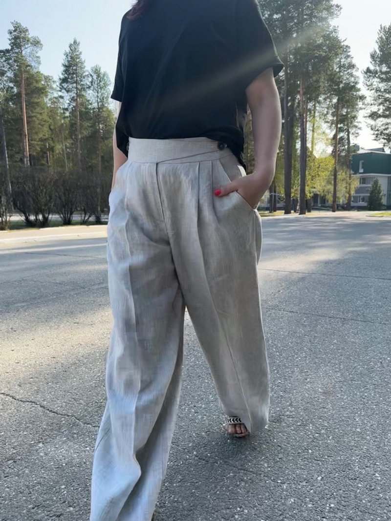 Linen Wide Leg Pants / Original Design for Womens Everyday Clothing - 女長褲 - 亞麻 灰色