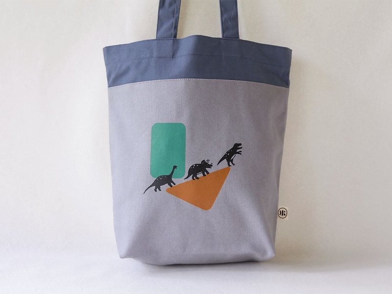 [Splicing bag] - Climbing dinosaur - กระเป๋าถือ - ผ้าฝ้าย/ผ้าลินิน สีน้ำเงิน