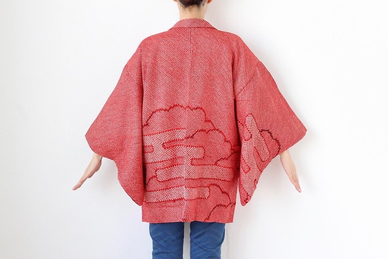 traditional motif SHIBORI kimono, red kimono, Japanese kimono /3903 - Women's Casual & Functional Jackets - Silk Red