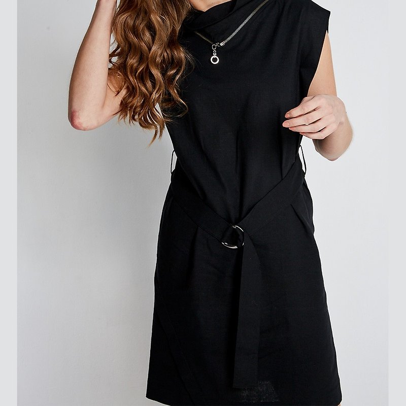 Chinese style black dress (FIT1701DS01BK) - ชุดเดรส - ผ้าฝ้าย/ผ้าลินิน สีดำ