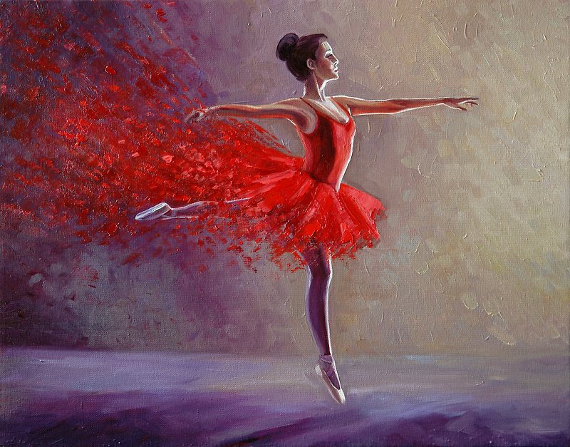 バレリーナオリジナルの油絵バレエダンサーウォールアート家の装飾赤の女性。 - ウォールデコ・壁紙 - その他の素材 レッド