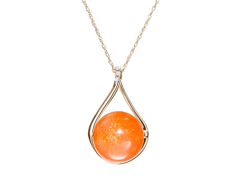 Sunstone Necklace with Diamond, 14k Solid Gold Tangerine Orange Gemstone Pendant - สร้อยคอทรง Collar - เครื่องประดับ สีส้ม
