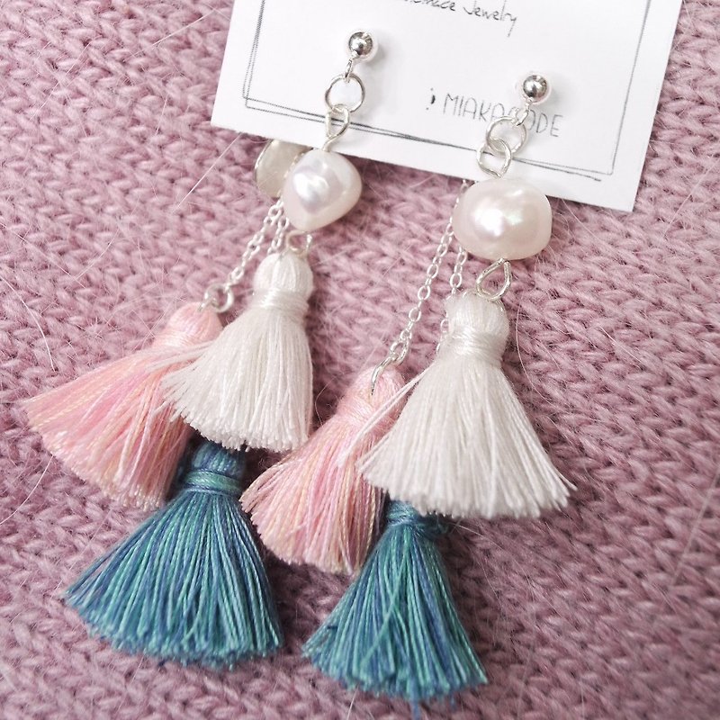 Freshwater pearls with pantone coloured tassels 925silver Earrings - Earrings & Clip-ons - Other Materials Multicolor